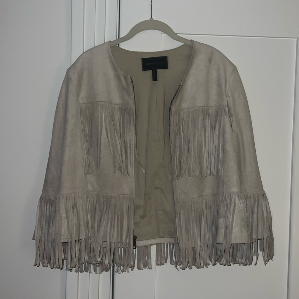 bcbg suede like fringe cape jacket
